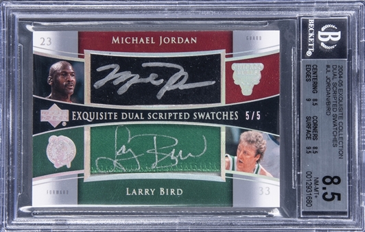 2004-05 "Exquisite Collection" Dual Scripted Swatches #JL Michael Jordan/Larry Bird Dual Signed Game Used Patch Card (#5/5) - BGS NM-MT+ 8.5/BGS 10